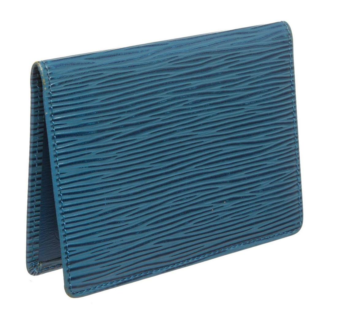 Louis Vuitton Blue Epi Leather ID Holder Wallet: Blue Epi leather Louis Vuitton ID holder with leather interior, dual ID slots at interior walls and fold-over flap closure. Authentic.