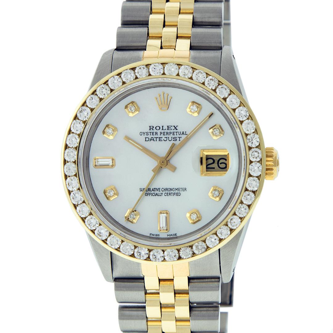 Rolex Mens 2 Tone Mother Of Pearl 3 ctw Channel Set: One Mens 14K Yellow Gold Rolex Datejust Polished Bright with Satin Finish, Serviced & Electronically Tested, Stainless Steel Case: 36mm, Yellow Gold Crown, Custom Bezel: New 18K Yellow Gold 3ct Channe