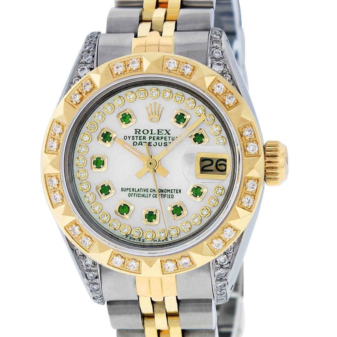 Rolex Ladies 2 Tone 14K MOP Emerald & Pyramid Diamond: One Ladies 14K Two Tone Rolex Datejust Polished, Serviced & Electronically Tested, 14K Yellow Gold & Stainless Steel Case: 26mm, 14K Yellow Gold Crown, Diamond Lugs: 24 Diamonds On Lugs, Clarity: SI-V