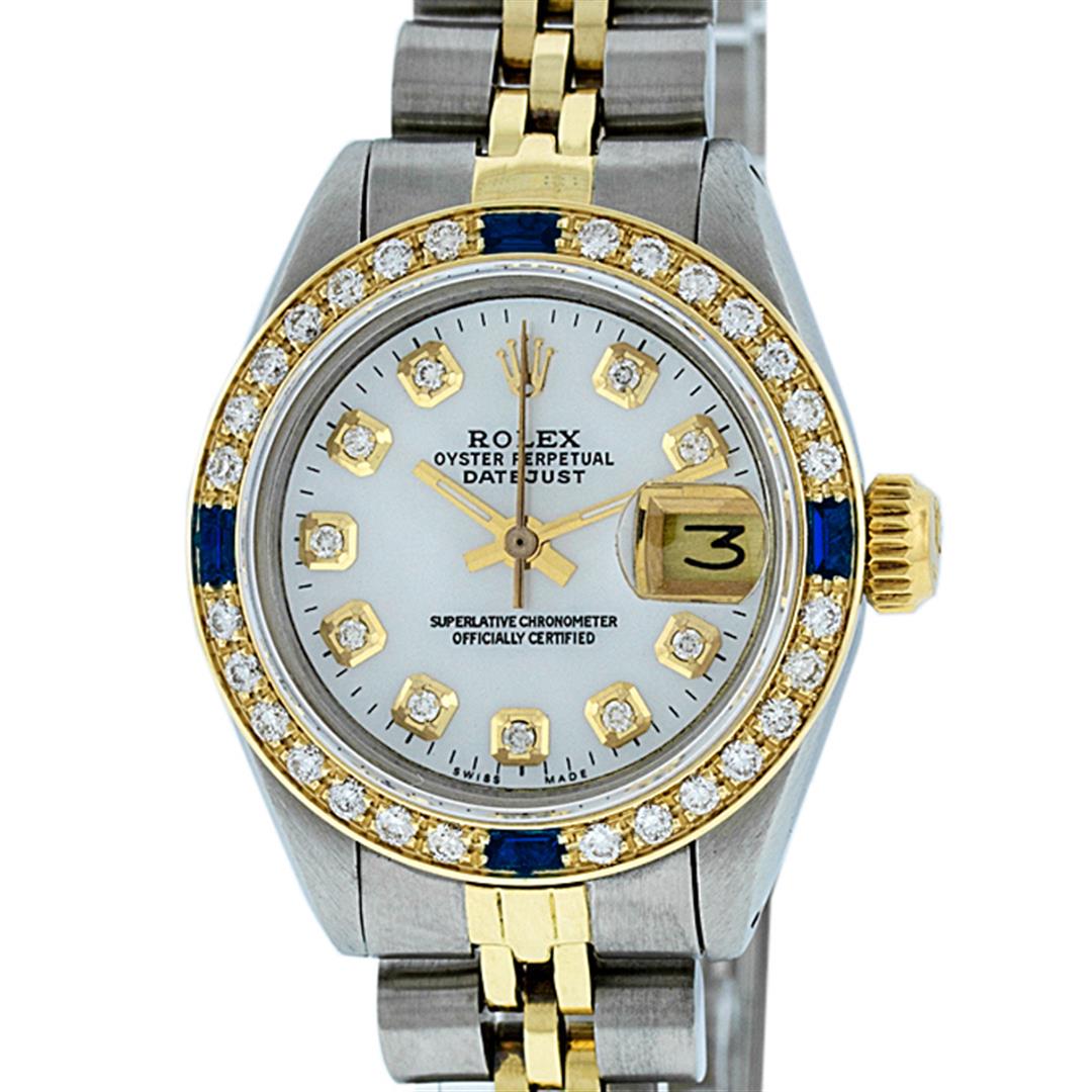 Rolex Ladies 2 Tone MOP Diamond & Sapphire Datejust: One Ladies 14K Two Tone Rolex Datejust Polished, Serviced & Electronically Tested, 14K Yellow Gold & Stainless Steel Case: 26mm, 14K Yellow Gold Crown, Custom Bezel: New 18K Yellow Gold Sapphire Beads