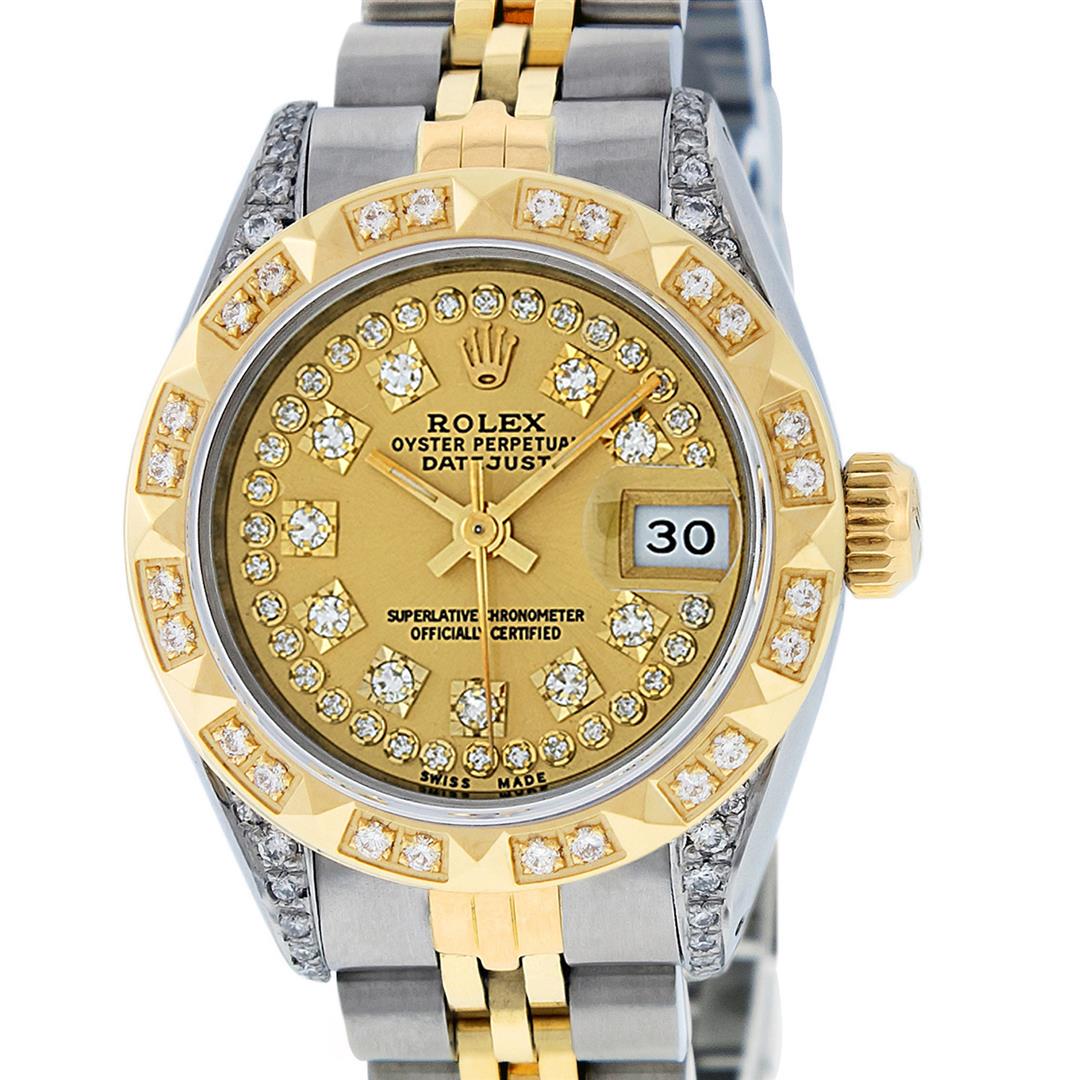 Rolex Ladies 2 Tone 14K Champagne Diamond Lugs &: One Ladies 14K Two Tone Rolex Datejust Polished, Serviced & Electronically Tested, 14K Yellow Gold & Stainless Steel Case: 26mm, 14K Yellow Gold Crown, Diamond Lugs: 24 Diamonds On Lugs, Clarity: SI-V
