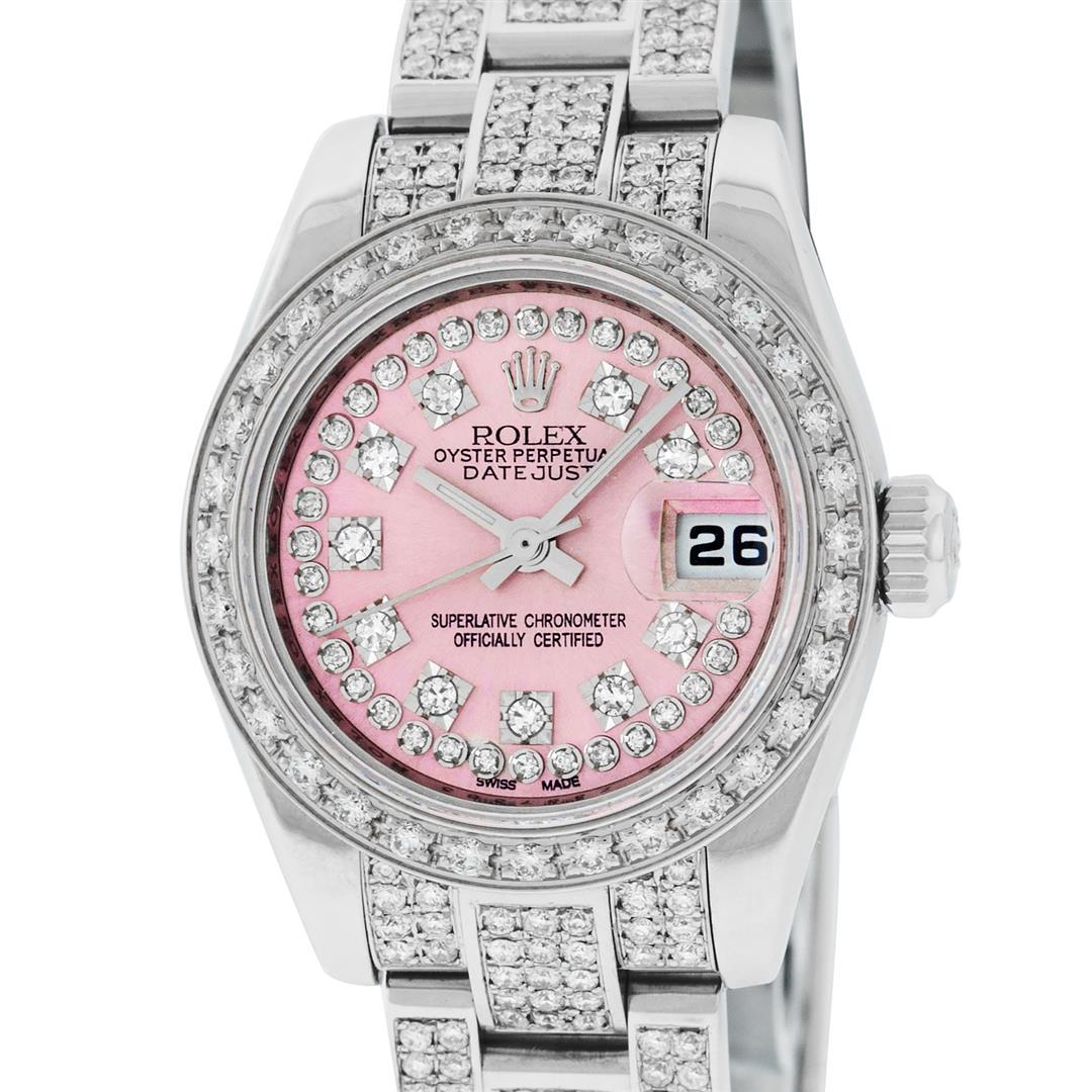 Rolex Ladies Stainless Steel Pink 5 ctw Diamond: One Quickset Ladies Stainless Steel Rolex Datejust Polished Bright with Satin Finish, Serviced & Electronically Tested, Stainless Steel Case: 26mm, Stainless Steel Crown, Custom Bezel: New 18K White G