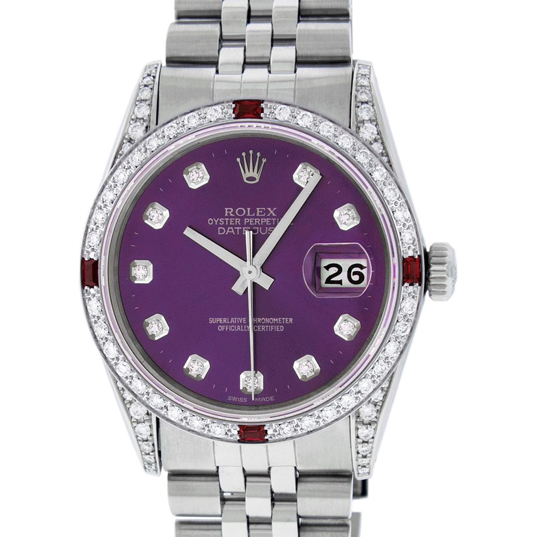 Rolex Mens Stainless Steel Diamond Lugs Purple Diamond: One Mens Rolex Datejust Polished Bright with Satin Finish, Serviced & Electronically Tested, Stainless Steel Case: 36mm, Custom Diamond Lugs: 28 Diamonds In Lugs, Color: G to H, Clarity: SI-VS. Stainl