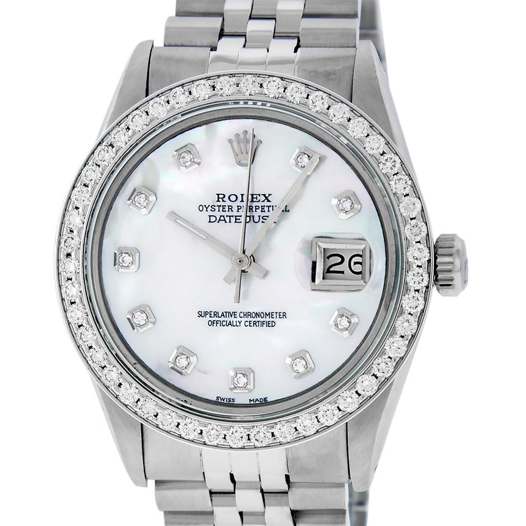 Rolex Mens Stainless Steel Mother Of Pearl Diamond 36MM: One Mens Rolex Stainless Steel Datejust Polished Bright with Satin Finish, This Watch Has Been Serviced & Electronically Tested, Stainless Steel Case: 36mm, Stainless Steel Crown, Custom Bezel: New S