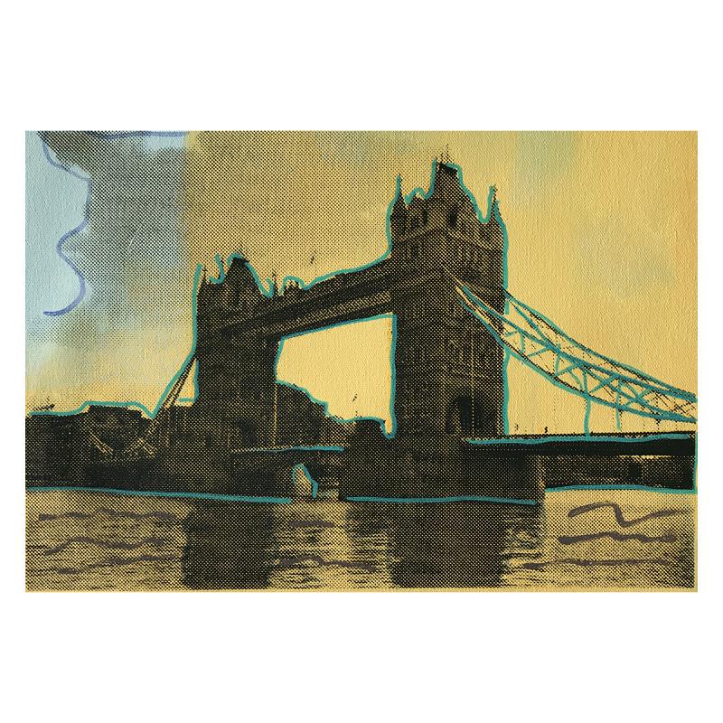 London Bridge by Steve Kaufman (1960-2010): "London Bridge" is a one of a kind, hand painted, silkscreen on canvas by Andy Warhol protege Steve Kaufman (1960-2010). The piece is numbered and hand signed by the artist and accompanied by a Certif