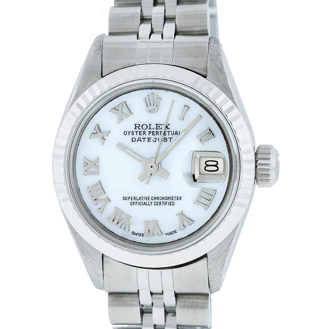 Rolex Ladies Stainless Steel Mother Of Pearl 26MM: One Ladies Stainless Steel Rolex Datejust Polished Bright with Satin Finish, Serviced & Electronically Tested, Stainless Steel Case: 26mm, Stainless Steel Crown, Bezel: 14K White Gold Bezel. Custom Cr