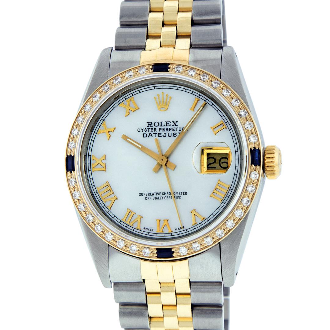 Rolex Mens 2 Tone 14K Mother Of Pearl Diamond &: One Mens 14K Yellow Gold Two Tone Rolex Datejust Polished, Serviced & Electronically Tested, 14K Yellow Gold & Stainless Steel Case: 36mm, 14K Yellow Gold Crown, Custom Bezel: 18K Yellow Gold Beadset 