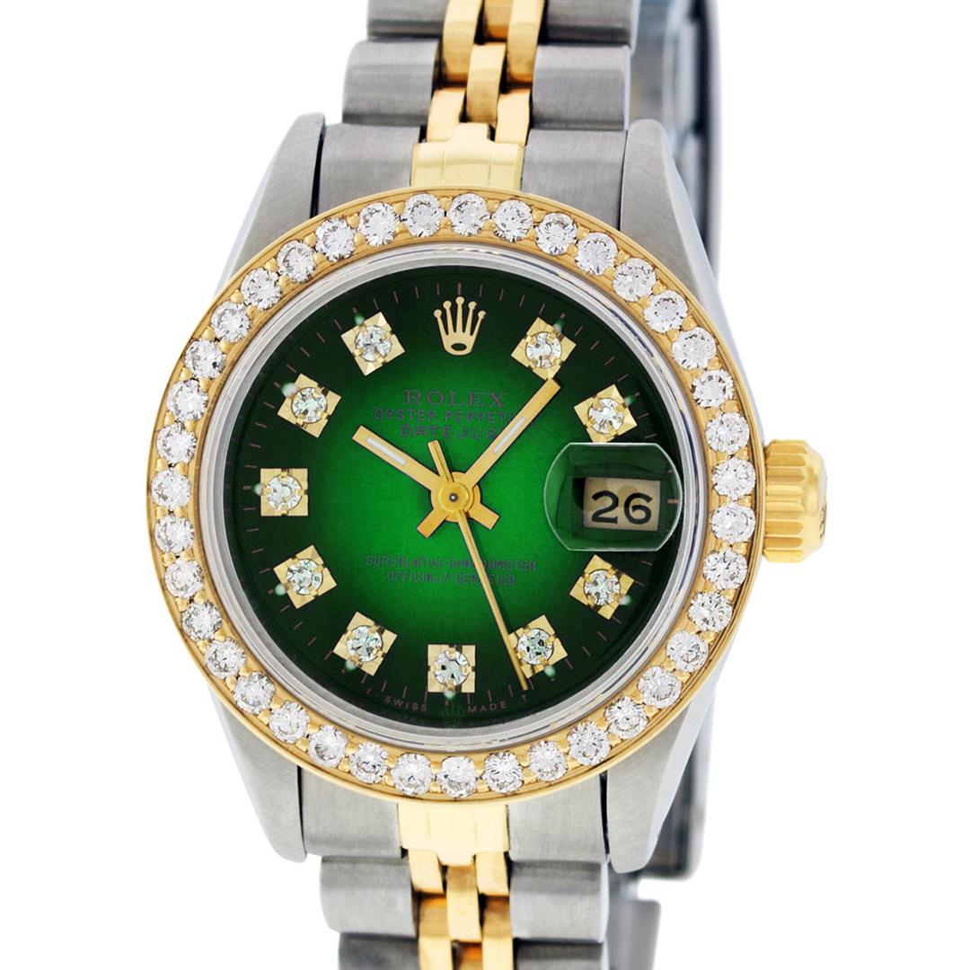 Rolex Ladies 2 Tone 14K Green Vignette VS Diamond: One Ladies 14K Two Tone Rolex Datejust Polished, Serviced & Electronically Tested, 14K Yellow Gold & Stainless Steel Case: 26mm, 14K Yellow Gold Crown, Custom Bezel: New 18K 1ctw Yellow Gold Beadset D