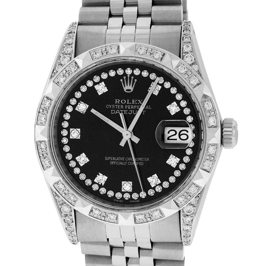 Rolex Mens Stainless Steel Black Diamond Lugs & Pyramid: One Mens Rolex Datejust Polished Bright with Satin Finish, Serviced & Electronically Tested, Stainless Steel Case: 36mm, Custom Diamonds On Lugs: 28 Diamonds On Lugs, Color: G to H, Clarity: SI-VS. St