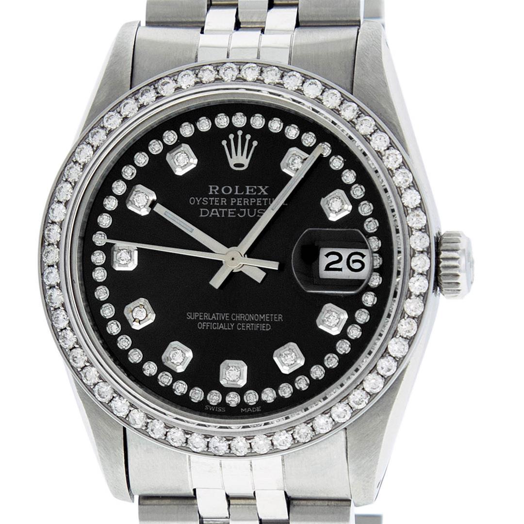 Rolex Mens Stainless Steel Black String Diamond 36MM: One Mens Rolex Stainless Steel Datejust Polished Bright with Satin Finish, This Watch Has Been Serviced & Electronically Tested, Stainless Steel Case: 36mm, Stainless Steel Crown, Custom Bezel: New S