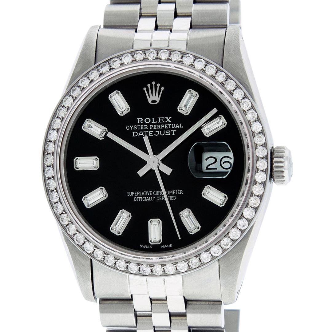 Rolex Mens Stainless Steel Black Baguette Diamond 36MM: One Mens Rolex Stainless Steel Datejust Polished Bright with Satin Finish, This Watch Has Been Serviced & Electronically Tested, Stainless Steel Case: 36mm, Stainless Steel Crown, Custom Bezel: New S