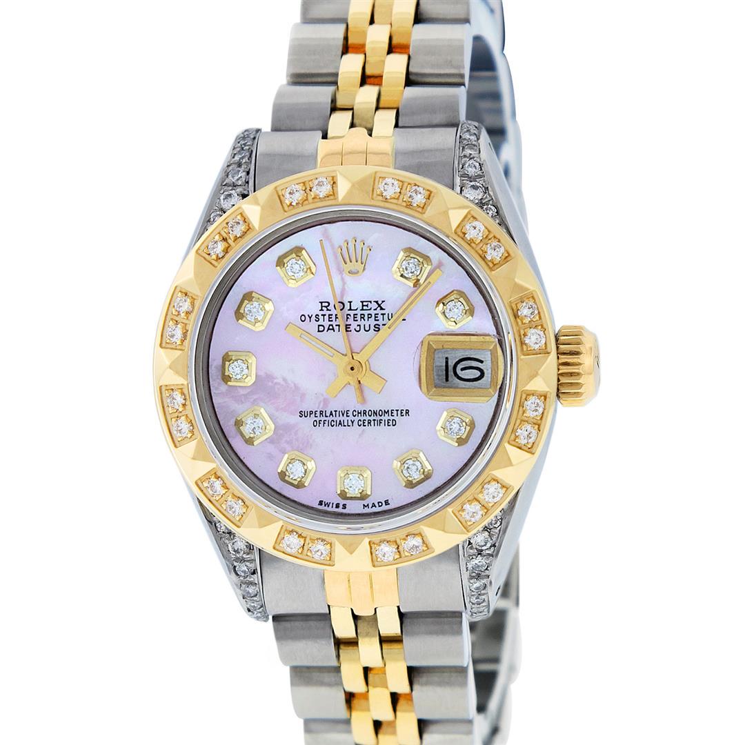 Rolex Ladies 2 Tone 14K Pink MOP Diamond Lugs & Pyramid: One Ladies 14K Two Tone Rolex Datejust Polished, Serviced & Electronically Tested, 14K Yellow Gold & Stainless Steel Case: 26mm, 14K Yellow Gold Crown, Diamond Lugs: 24 Diamonds On Lugs, Clarity: SI-V