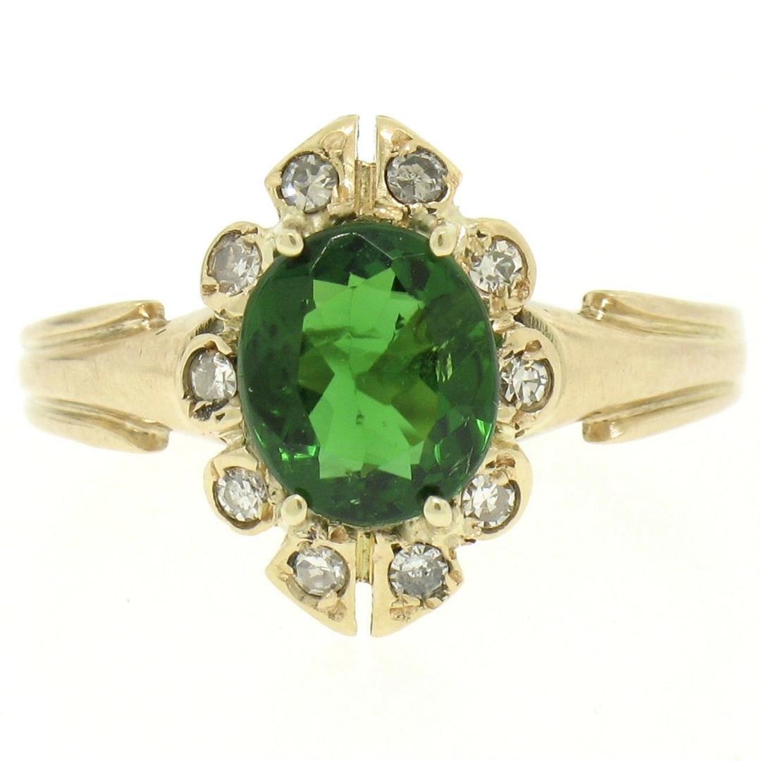 14k Yellow Gold 1.15 ctw Green Tourmaline Solitaire &: One Vintage 14k Yellow Gold 1.15ctw Green Tourmaline Solitaire & Diamond Halo Ring. Item Details - Material: 14K Solid Yellow Gold, Weight: 2.7 Grams, Stone(s): (1) Natural Genuine Tourmaline - Oval C