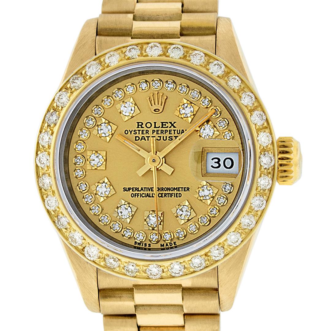 Rolex Ladies 18K Yellow Champagne String Diamond: One Ladies Quickset Rolex 18K Yellow Gold President Polished, Serviced & Electronically Tested, 18K Yellow Gold Case: 26mm, 18K Yellow Gold Crown, Custom Bezel: New 18K Yellow Gold Bead Set Diamond Be
