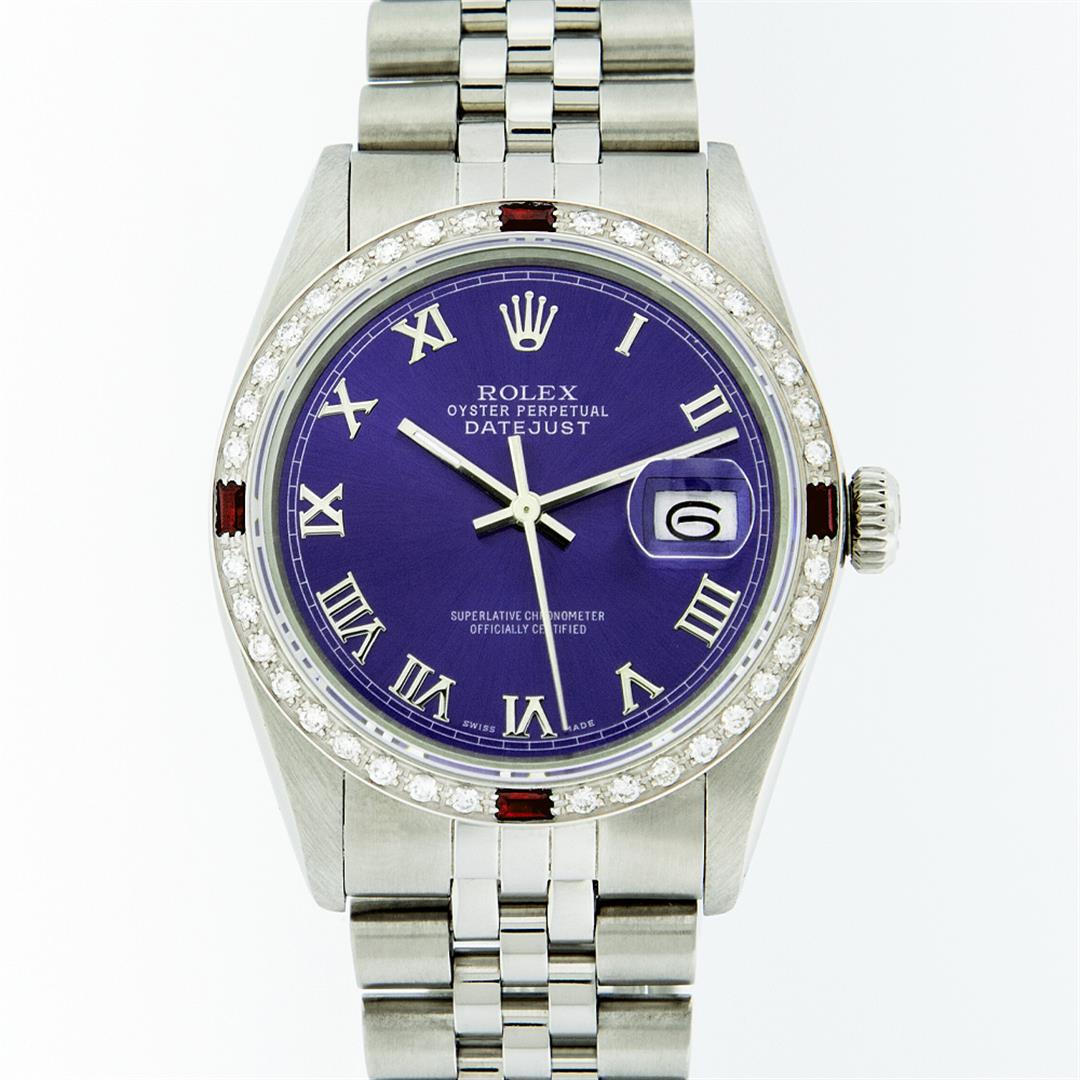Rolex Mens Stainless Steel Purple Roman Diamond & Ruby: One Mens Stainless Steel Rolex Datejust Polished Bright with Satin Finish, This Watch Has Been Serviced & Electronically Tested, Stainless Steel Case: 36mm, Stainless Steel Crown, Custom Bezel: New 18