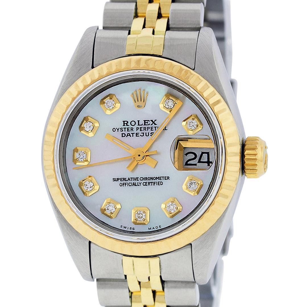 Rolex Ladies 2 Tone 14K MOP Diamond 26MM Datejust: One Ladies 14K Two Tone Rolex Datejust Polished, Serviced & Electronically Tested, 14K Yellow Gold & Stainless Steel Case: 26mm, 14K Yellow Gold Crown, Bezel: 14K Yellow Gold Fluted Bezel. Custom Crys