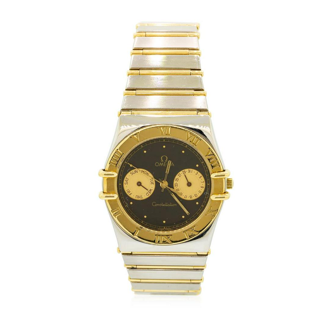 Omega Two-Tone Constellation Wristwatch: One, Omega two-tone Constellation wristwatch electro-chemically tested.Stainless Steel Case: 34mm, Case Back: engraved with the Cupola of the Observatory of Geneva, 18KT yellow gold Crown: scalloped w