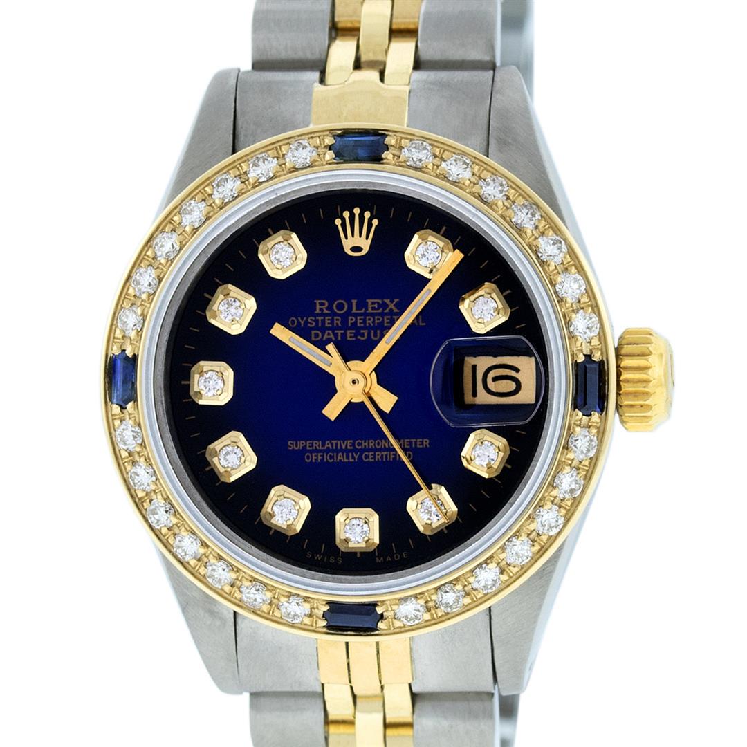 Rolex Ladies 2 Tone Blue Vignette Diamond & Sapphire: One Ladies 14K Two Tone Rolex Datejust Polished, Serviced & Electronically Tested, 14K Yellow Gold & Stainless Steel Case: 26mm, 14K Yellow Gold Crown, Custom Bezel: New 18K Yellow Gold Sapphire Beads