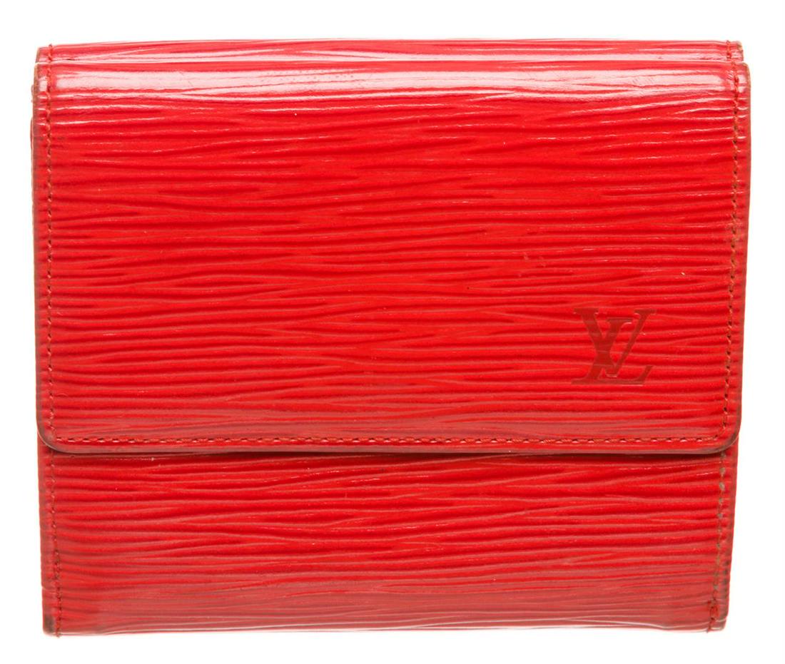 Louis Vuitton Red Epi Leather Elise Wallet: Red Epi leather Louis Vuitton Elise wallet with gold-tone hardware, single pocket at front with snap closure, tonal leather lining, single bill compartment, six card slots and snap closure at back. Au