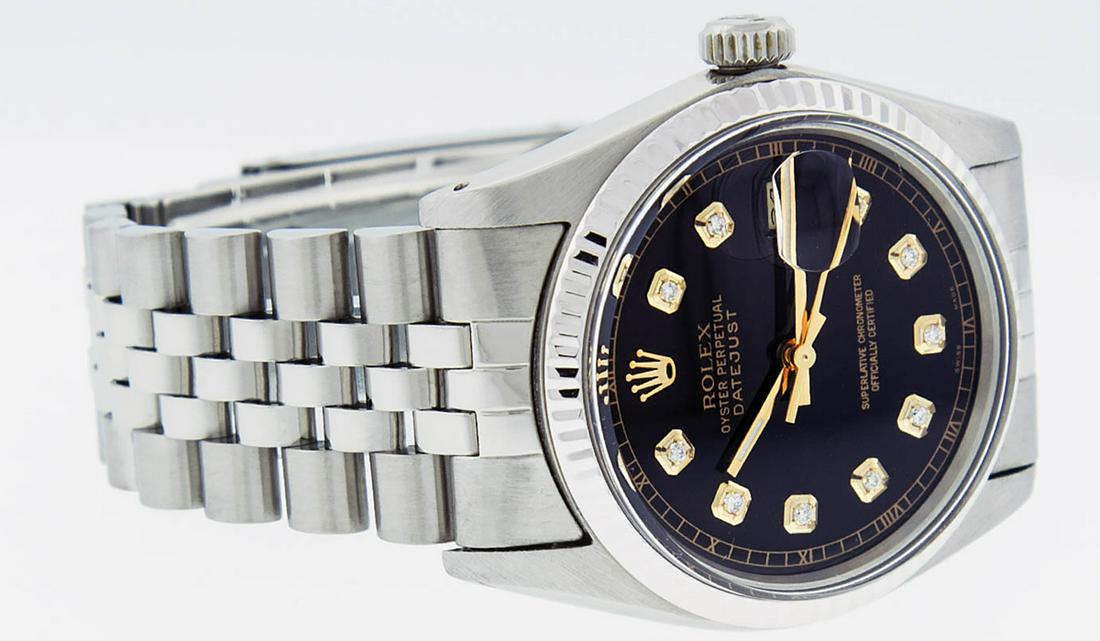 Rolex Mens Stainless Steel 36MM Black Diamond Datejust: One Mens Stainless Steel Rolex Datejust Polished, Serviced & Electronically Tested, Stainless Steel Case: 36mm, Stainless Steel Crown, Original Bezel: 14K White Gold Fluted Bezel. Custom Crystal: New 