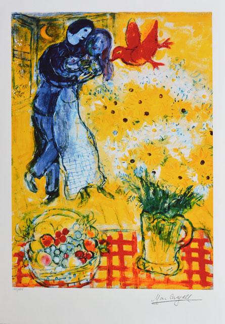 Marc Chagall Lovers with Daisies: Artist: Marc Chagall - Title: Lovers with Daises - Medium: Fine Art Giclee on Paper - Signature: Facsimile Signed - Limited Edition: 375 - Image Size: Approximately 20 inches x 13 inches - Paper Size:
