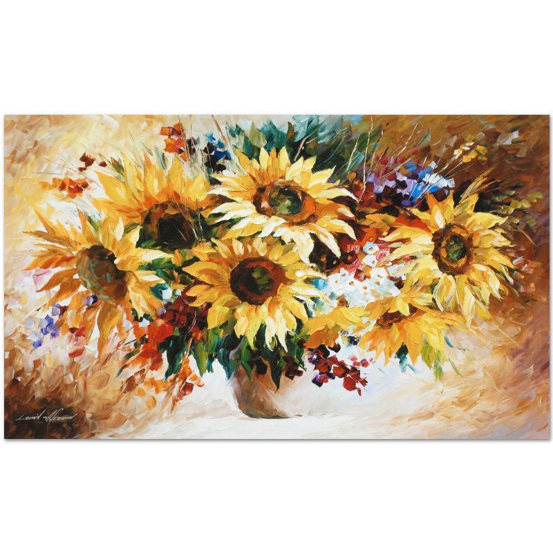 Sunflowers by Afremov, Leonid: Leonid Afremov's masterful use of color and texture make his paintings unique collectibles that are sure to brighten any wall. "Sunflowers" is a limited edition giclee on canvas. The piece is numbered