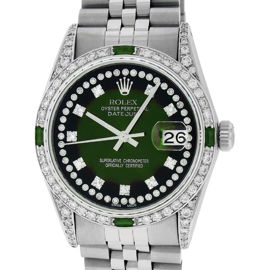 Rolex Mens Stainless Steel Diamond Lugs Green Vignette: One Mens Rolex Datejust Polished Bright with Satin Finish, Serviced & Electronically Tested, Stainless Steel Case: 36mm, Custom Diamond Lugs: 28 Diamonds In Lugs, Color: G to H, Clarity: SI-VS. Stainl