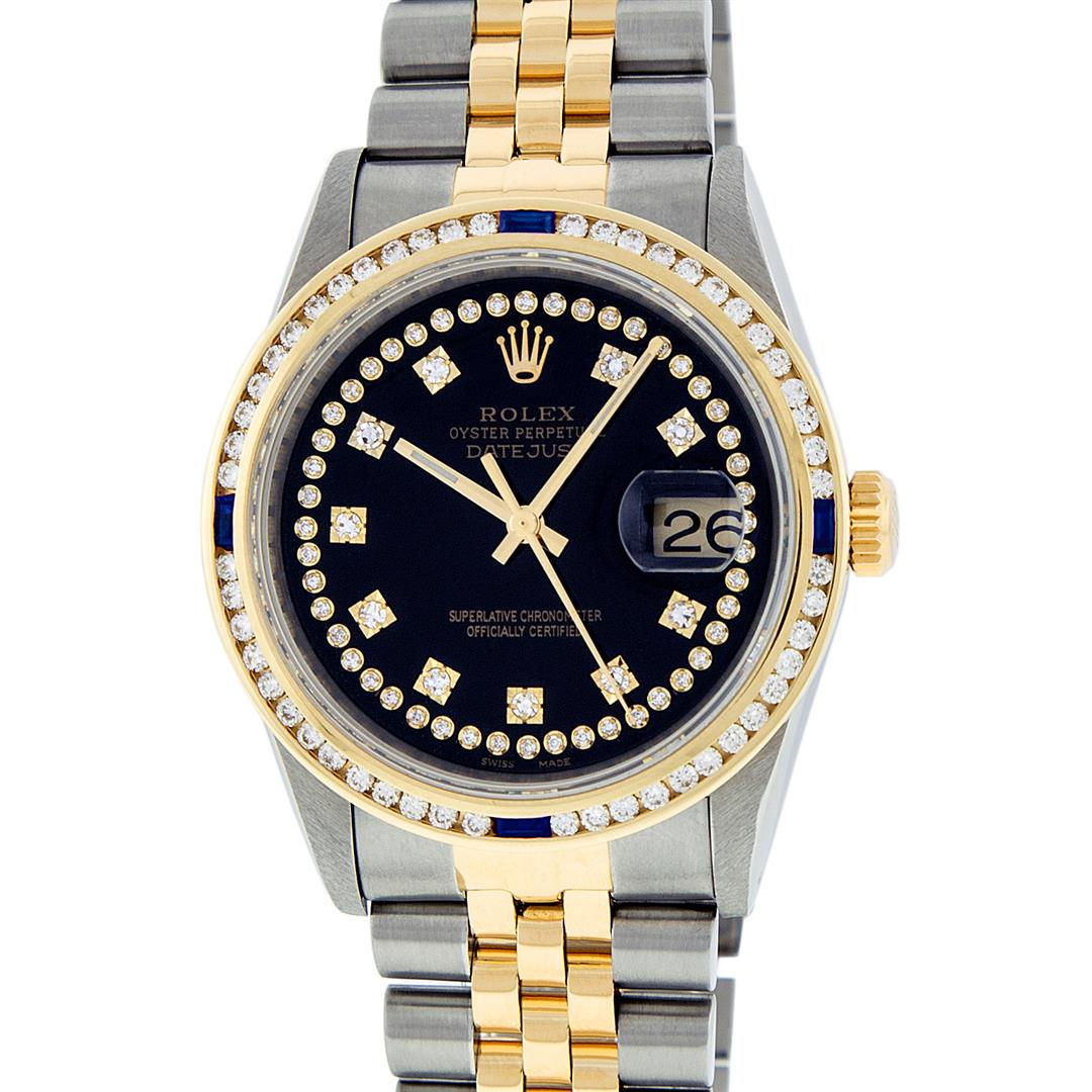 Rolex Mens 2 Tone 14K Black String Diamond & Sapphire: One Mens 14K Yellow Gold Two Tone Rolex Datejust Polished, Serviced & Electronically Tested, 14K Yellow Gold & Stainless Steel Case: 36mm, 14K Yellow Gold Crown, Custom Bezel: New 18K Yellow Gold Sapp