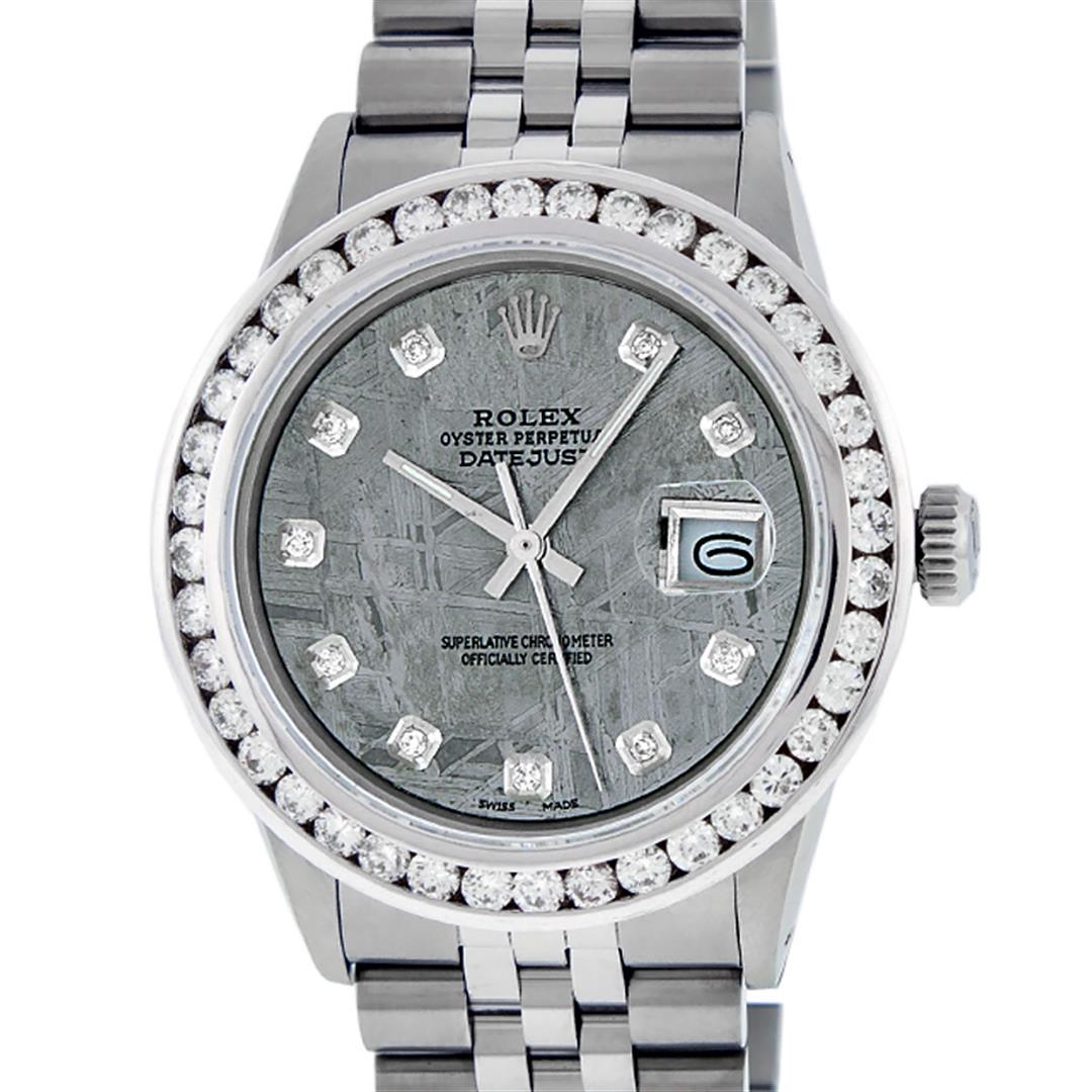 Rolex Mens Stainless Steel Meteorite 3 ctw Diamond: One Mens Stainless Steel Rolex Datejust Polished Bright with Satin Finish, Fully Serviced & Electronically Tested, Stainless Steel Case:36mm, Stainless Steel Crown, Custom Bezel: New 18K White Gold 3.