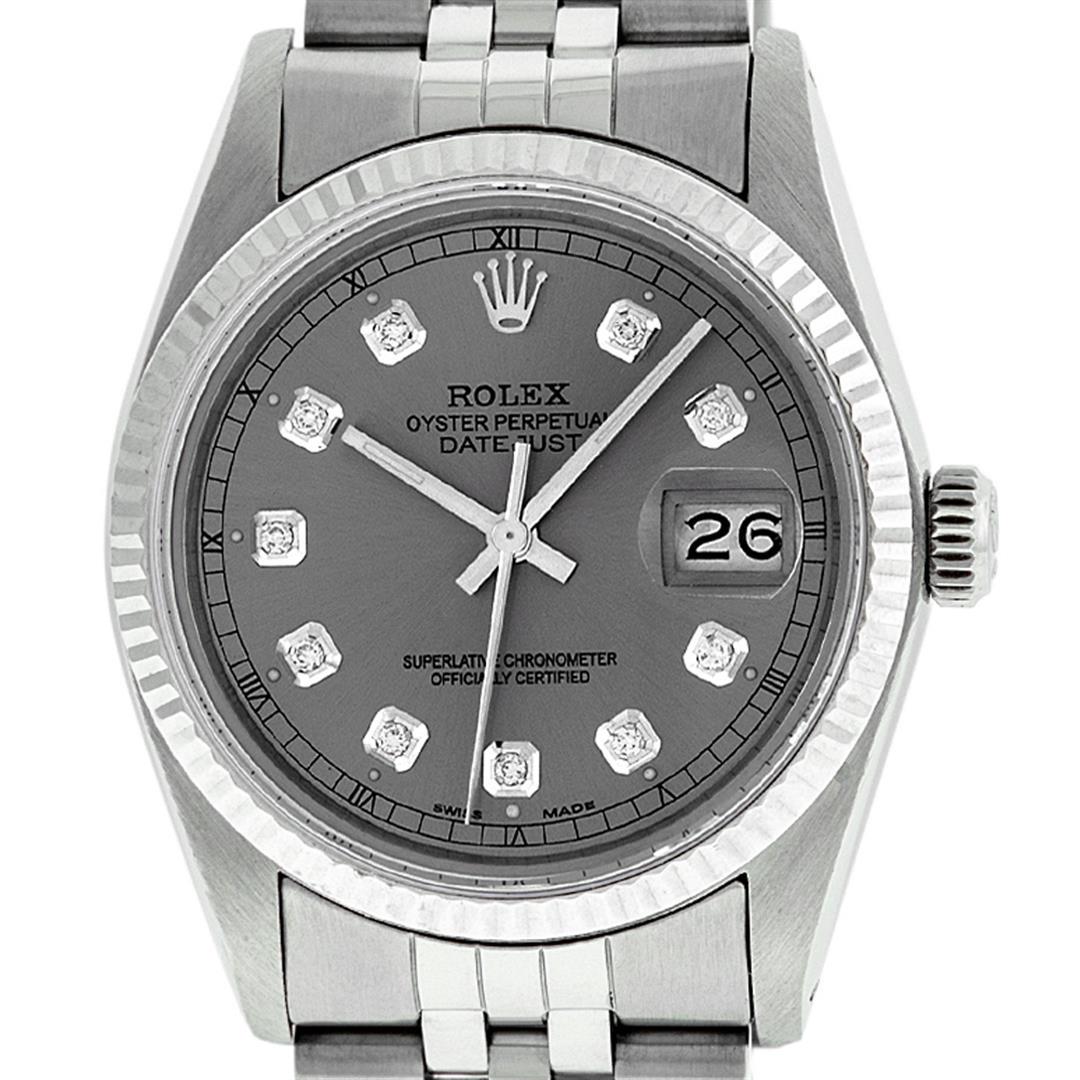 Rolex Mens Stainless Slate Grey Diamond 36MM Datejust: One Mens Stainless Steel Rolex Datejust Polished Bright with Satin Finish, This Watch Has Been Serviced & Electronically Tested, Stainless Steel Case: 36mm, Stainless Steel Crown, Bezel: 14K White Gol