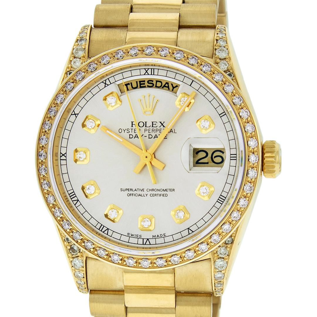 Rolex Mens 18K Yellow Silver Diamond Lugs Quickset: One Mens Rolex Day Date 18K Yellow Gold President Polished, Serviced & Electronically Tested, 18K Yellow Gold Case: 36mm, Custom Diamond Lugs: 28 Diamonds On Lugs, Color: G to H, Clarity: SI-VS. 18K Y