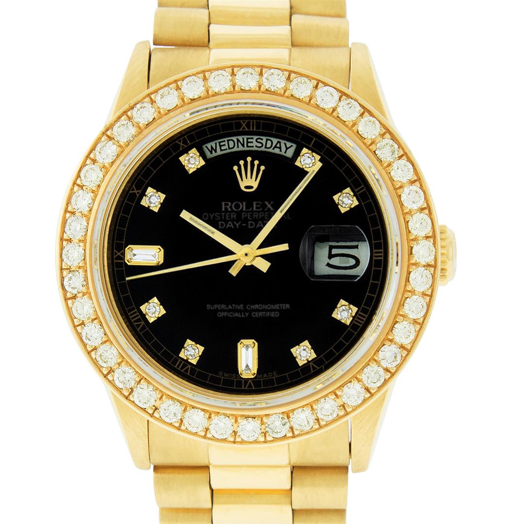 Rolex Mens 18K Yellow Gold Black Diamond 2.5 ctw: One Mens Rolex Day Date 18K Yellow Gold President Polished, Serviced & Electronically Tested, 18K Yellow Gold Case: 36mm, 18K Yellow Gold Crown, Custom Bezel: 18K Yellow Gold 2.5ctw Beadset Diamond Be