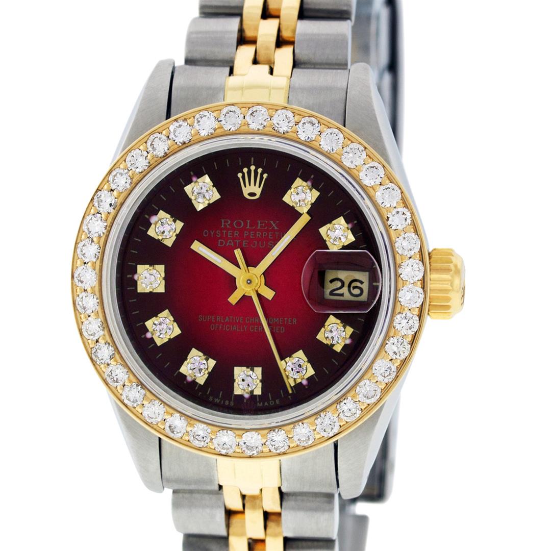 Rolex Ladies 2 Tone 14K Red Vignette VS Diamond: One Ladies 14K Two Tone Rolex Datejust Polished, Serviced & Electronically Tested, 14K Yellow Gold & Stainless Steel Case: 26mm, 14K Yellow Gold Crown, Custom Bezel: New 18K 1ctw Yellow Gold Beadset D