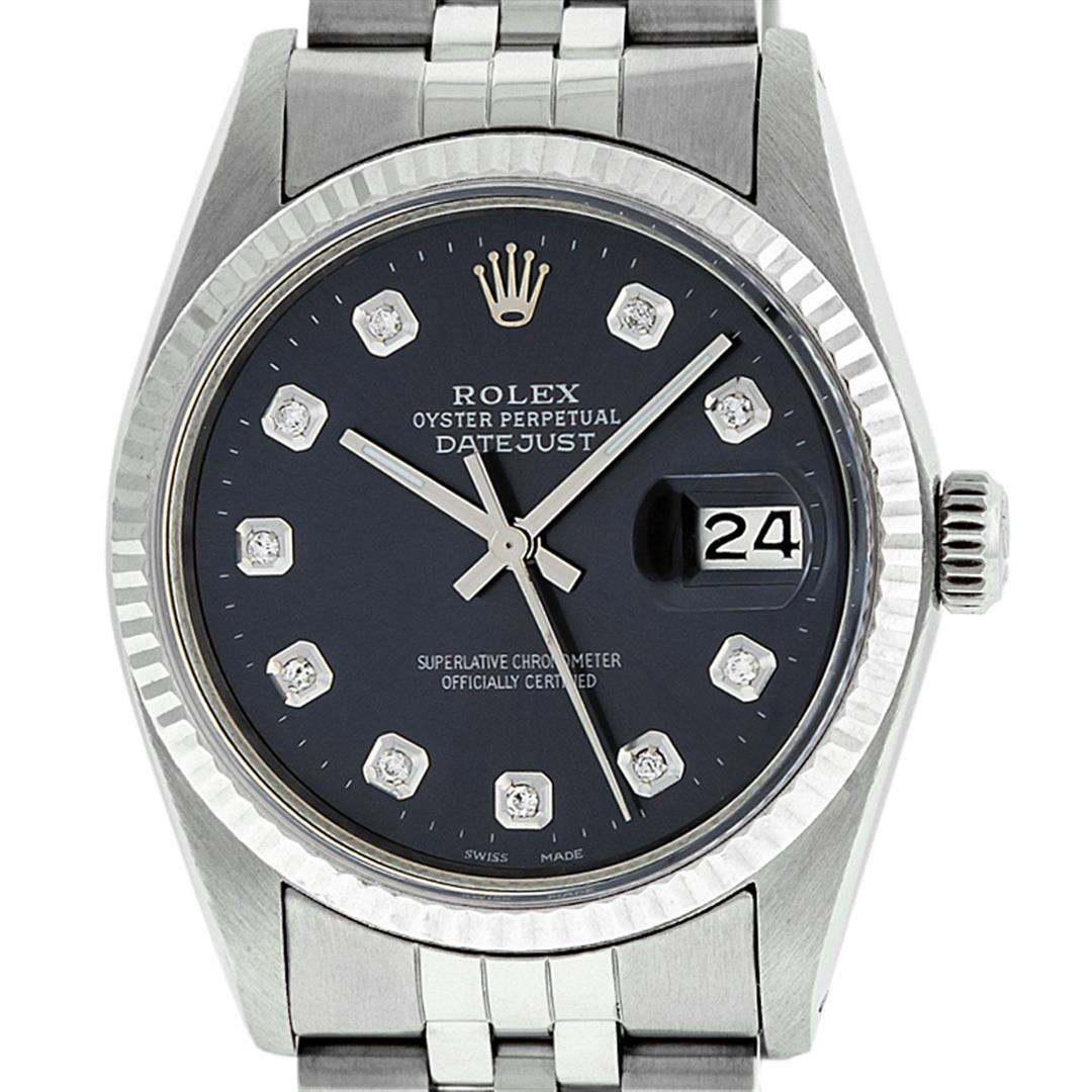 Rolex Mens Stainless Steel Black Diamond 36MM Datejust: One Mens Stainless Steel Rolex Datejust Polished Bright with Satin Finish, This Watch Has Been Serviced & Electronically Tested, Stainless Steel Case: 36mm, Stainless Steel Crown, Bezel: 14K White Gol