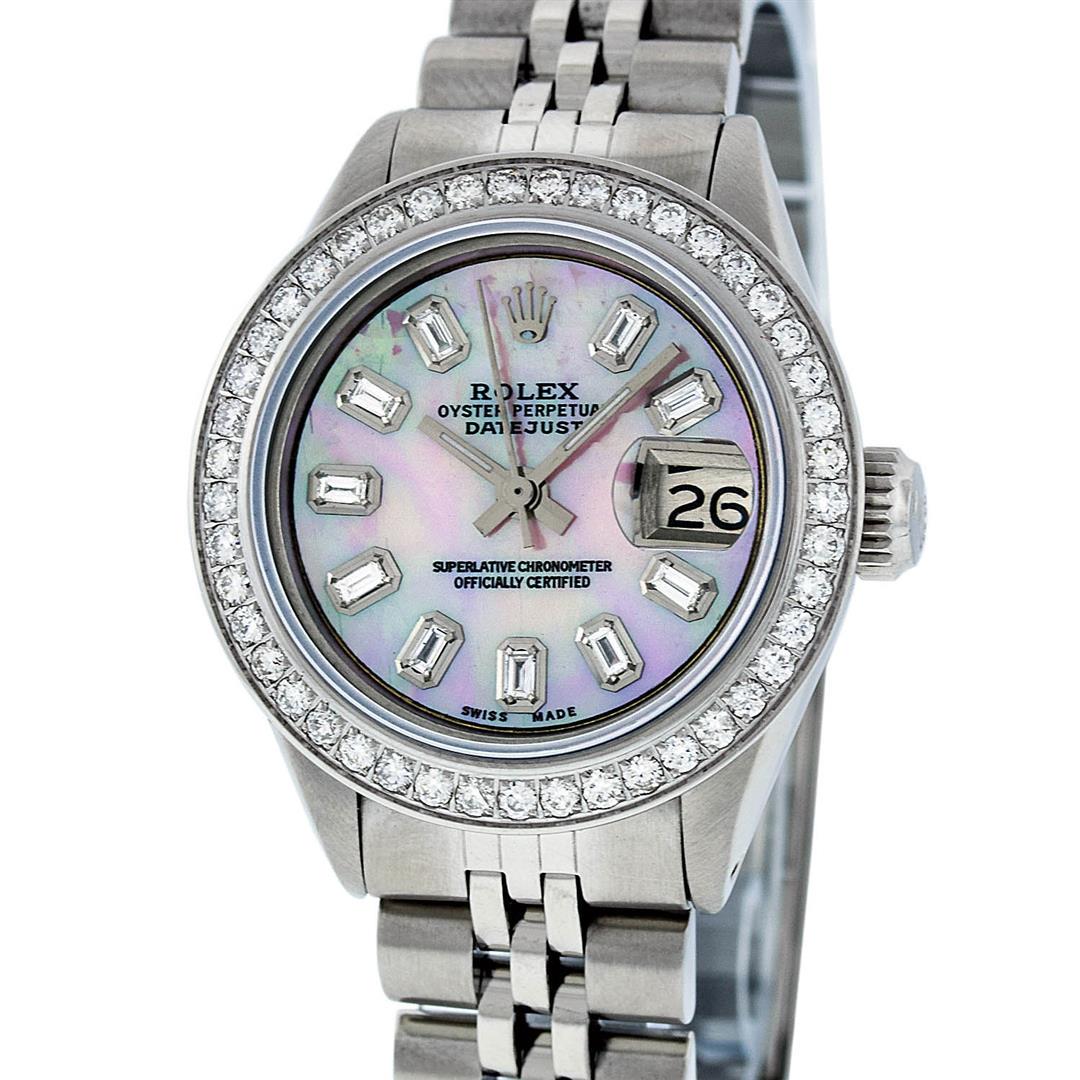Rolex Ladies Stainless Steel Pink MOP Baguette Diamond: One Ladies Stainless Steel Rolex Datejust Polished Bright with Satin Finish, Serviced & Electronically Tested, Stainless Steel Case: 26mm, Stainless Steel Crown, Custom Bezel: New Stainless Steel Bead