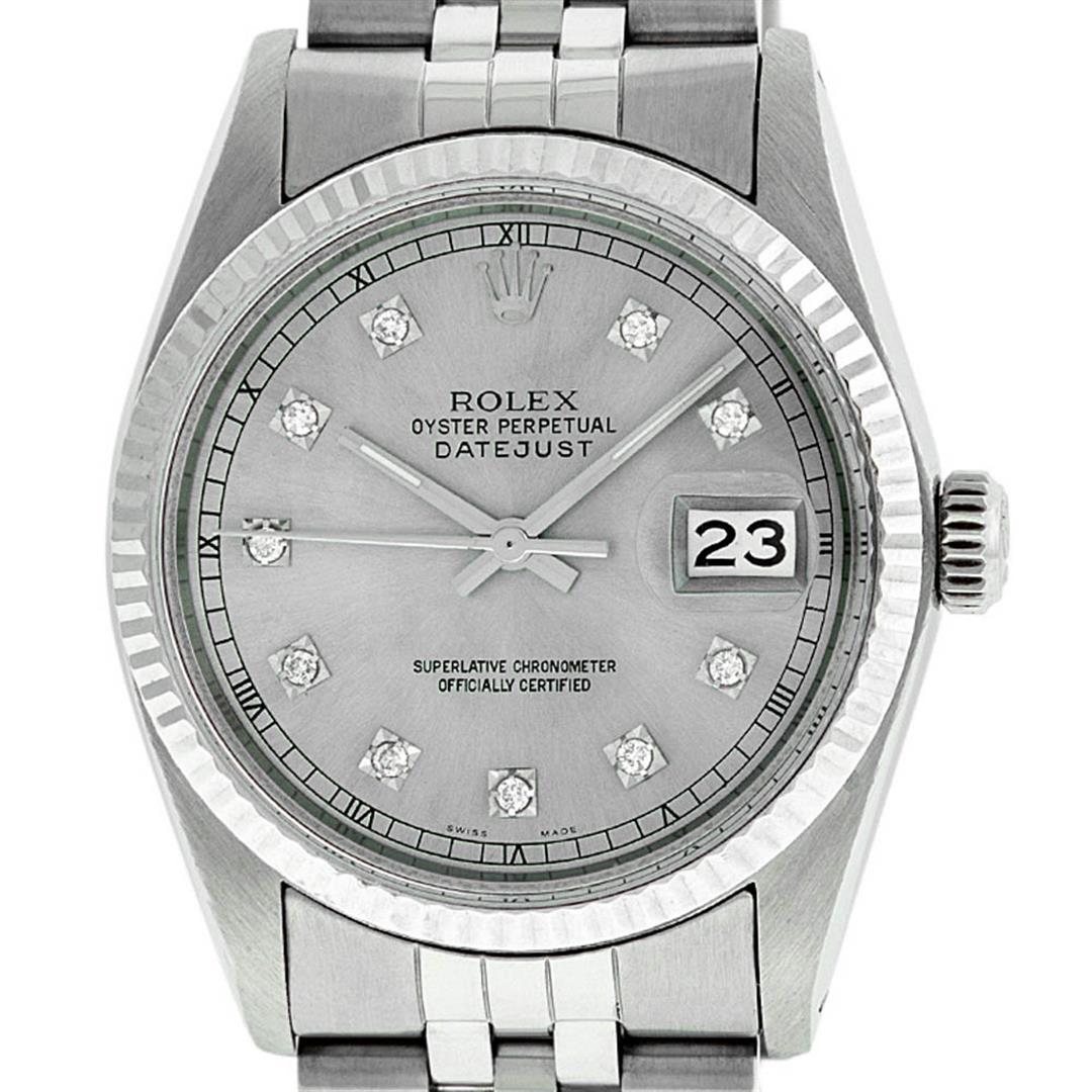 Rolex Mens Stainless Steel 36MM Slate Grey Diamond: One Mens Stainless Steel Rolex Datejust Polished Bright with Satin Finish, Serviced & Electronically Tested, Stainless Steel Case: 36mm, Stainless Steel Crown, Bezel: 14K White Gold Fluted Bezel. Cust