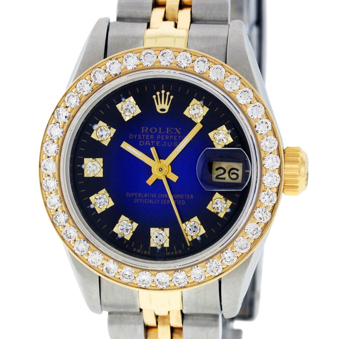 Rolex Ladies 2 Tone 14K Blue Vignette VS Diamond: One Ladies 14K Two Tone Rolex Datejust Polished, Serviced & Electronically Tested, 14K Yellow Gold & Stainless Steel Case: 26mm, 14K Yellow Gold Crown, Custom Bezel: New 18K 1ctw Yellow Gold Beadset D