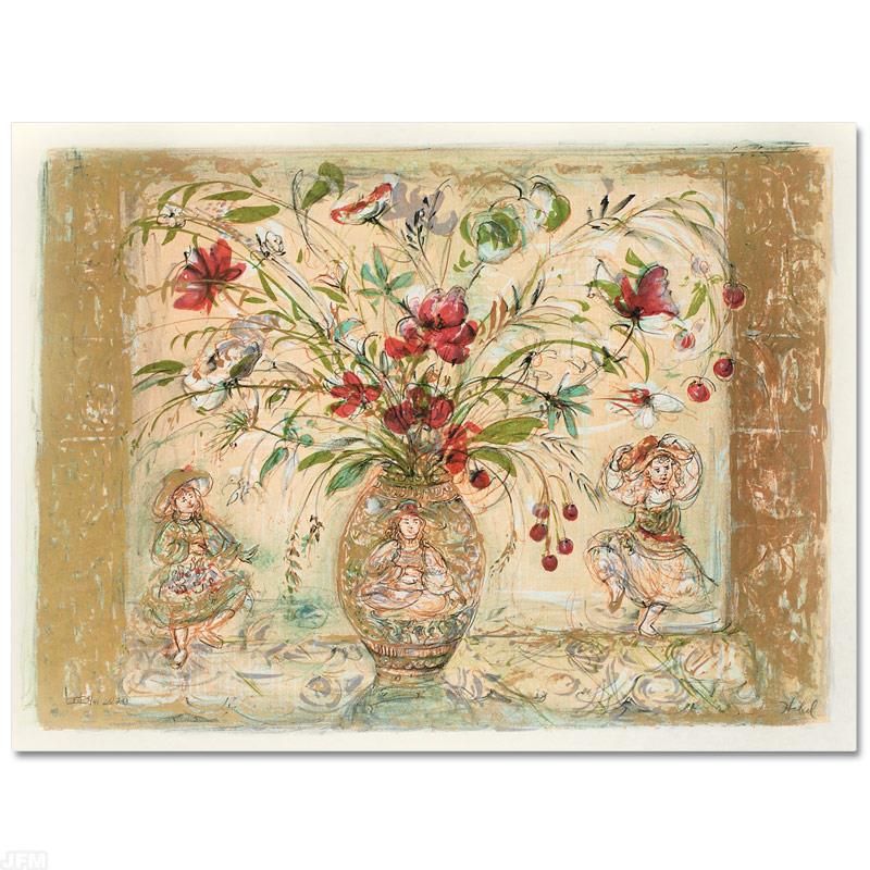 Amy Rebecca's Floral Fantasy by Hibel (1917-2014): "Amy Rebecca's Floral Fantasy" is a limited edition lithograph on paper, numbered and hand signed by Edna Hibel (1917-2014). Includes Certificate of Authenticity! Measures approx. 30" x 22.5" (border)