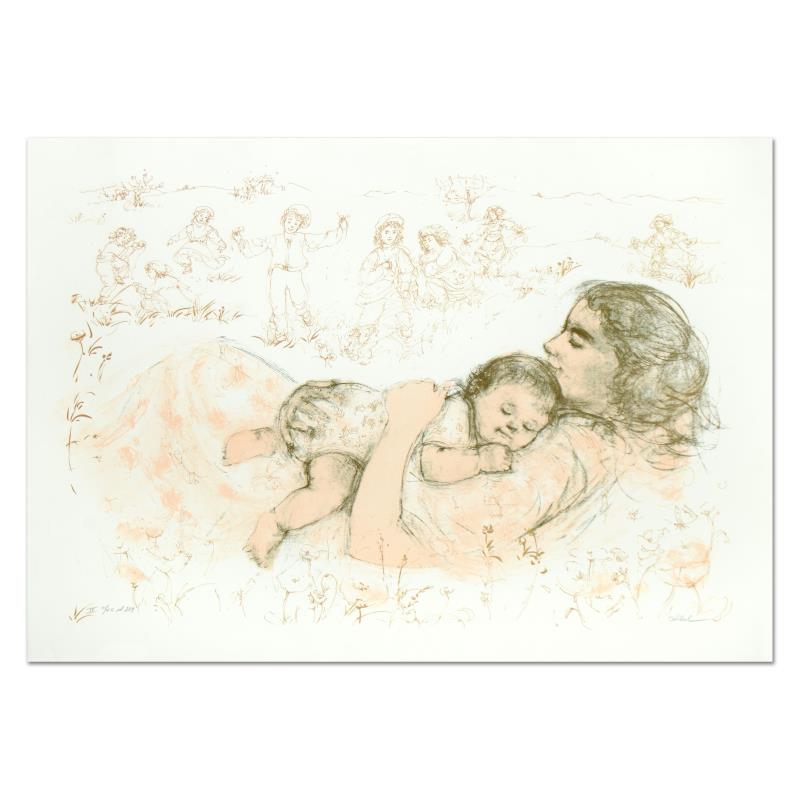 Next to My Heart by Hibel (1917-2014): "Next to My Heart" is a limited edition lithograph on paper by Edna Hibel (1917-2014), numbered and hand signed by the artist. Includes Certificate of Authenticity. Measures approx. 42" x 29.5" (borde