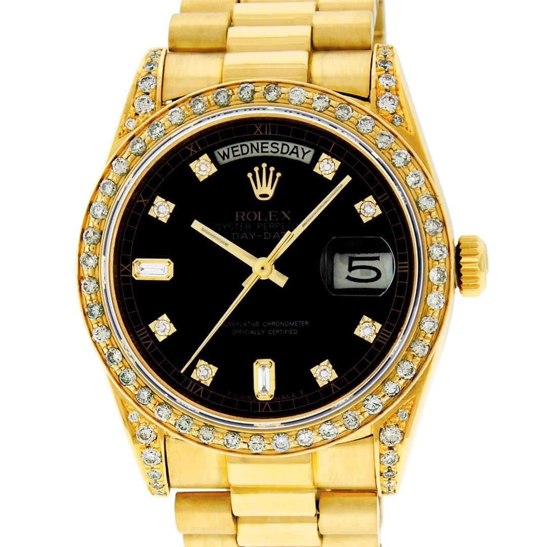 Rolex Mens 18K Yellow Black Diamond Lugs Quickset: One Mens Rolex Day Date 18K Yellow Gold President Polished, Serviced & Electronically Tested, 18K Yellow Gold Case: 36mm, Custom Diamond Lugs: 28 Diamonds On Lugs, Color: G to H, Clarity: SI-VS. 18K Y