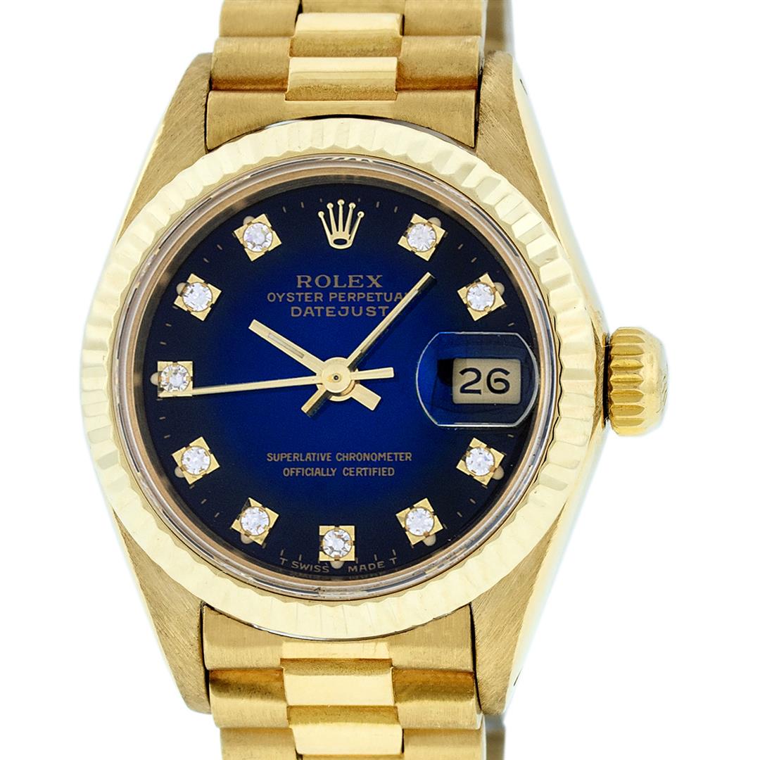 Rolex Ladies 18K Yellow Gold Blue Vignette Diamond: One Ladies Rolex 18K Yellow Gold President Polished, Serviced & Electronically Tested, 18K Yellow Gold Case: 26mm, 18K Yellow Gold Crown, Bezel: 18K Yellow Gold Fluted Bezel. Custom Crystal: New Acryl