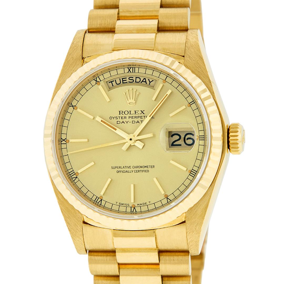 Rolex Mens 18K Yellow Gold Champagne Index Quickset: One Mens Quickset Rolex Day Date 18K Yellow Gold President Polished, Serviced & Electronically Tested, 18K Yellow Gold Case: 36mm, 18K Yellow Gold Crown, Bezel: 18K Yellow Gold Fluted Bezel. Custom Cr