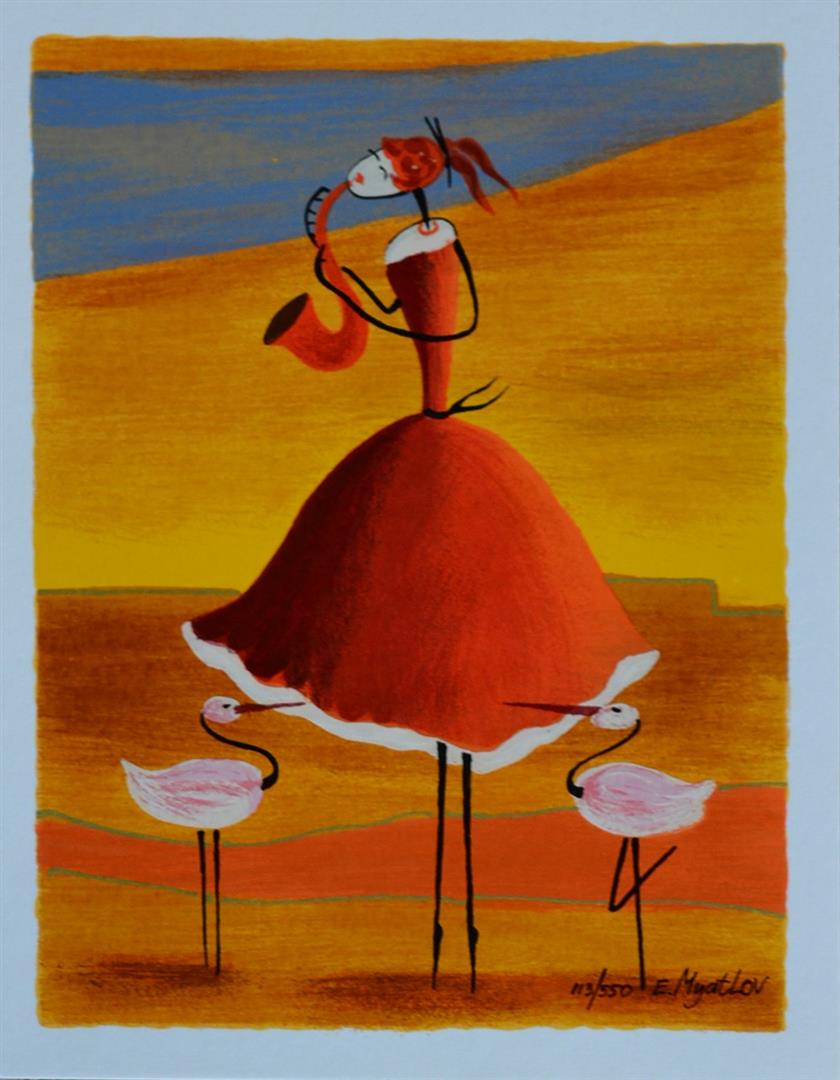 Esther Myatlov Saxaphone Girl: Artist: Esther Myatlov - Title: Saxophone Girl - Medium: Serigraph on Fine Art Paper - Signature: Hand-signed by the Artist - Limited Edition: 550 - Paper Size: Approximately 8.75 inches x 6.75 inches