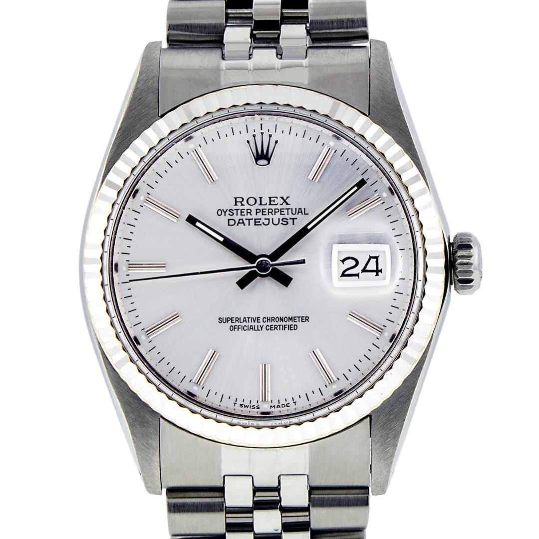 Rolex Mens Stainless Steel 36MM Slate Grey Index: One Mens Stainless Steel Rolex Datejust Polished, Serviced & Electronically Tested, Stainless Steel Case: 36mm, Stainless Steel Crown, Bezel: 14K White Gold Fluted Bezel. Custom Crystal: New Acrylic C