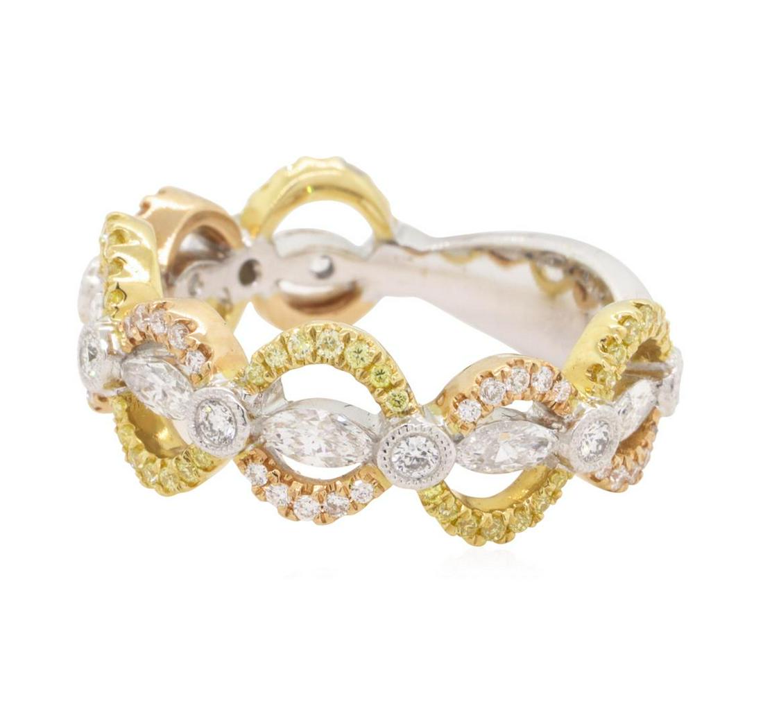 0.5 ctw Diamond Band - 18KT White, Yellow & Rose Gold: One electronically tested 18KT white, yellow, and rose gold lady's combination cast & assembled wedding band with a triple split shank with halo with a bright polish with milgrain detailing finish. Th