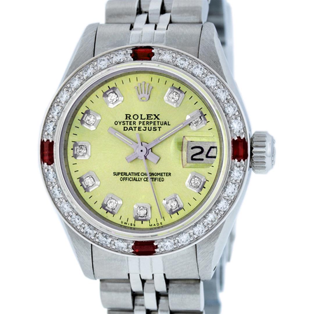 Rolex Ladies Stainless Steel Yellow Diamond & Ruby: One Ladies Stainless Steel Rolex Datejust Polished Bright with Satin Finish, Serviced & Electronically Tested, Stainless Steel Case: 26mm, Stainless Steel Crown, Custom Bezel: New 18K White Gold Ruby 