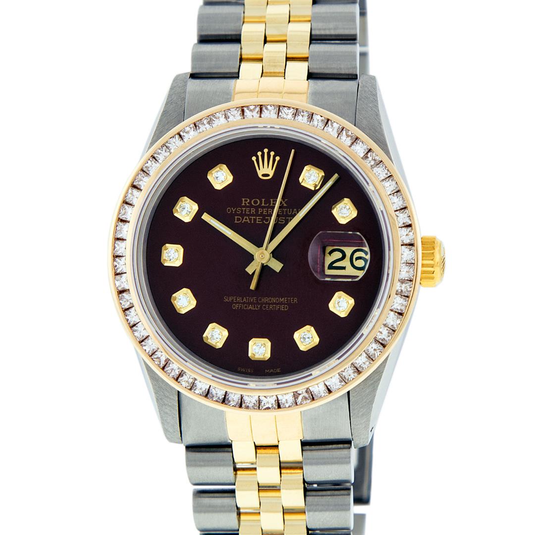 Rolex Mens 2 Tone 14K Maroon Princess Cut Diamond: One Mens 14K Yellow Gold Two Tone Rolex Datejust Polished Bright with Satin Finish, Serviced & Electronically Tested, 14K Yellow Gold And Stainless Steel Case: 36mm, 14K Yellow Gold Crown, Custom Beze