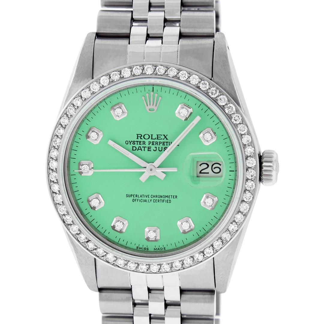 Rolex Mens Stainless Steel Green Diamond 36MM Datejust: One Mens Rolex Stainless Steel Datejust Polished Bright with Satin Finish, This Watch Has Been Serviced & Electronically Tested, Stainless Steel Case: 36mm, Stainless Steel Crown, Custom Bezel: New S