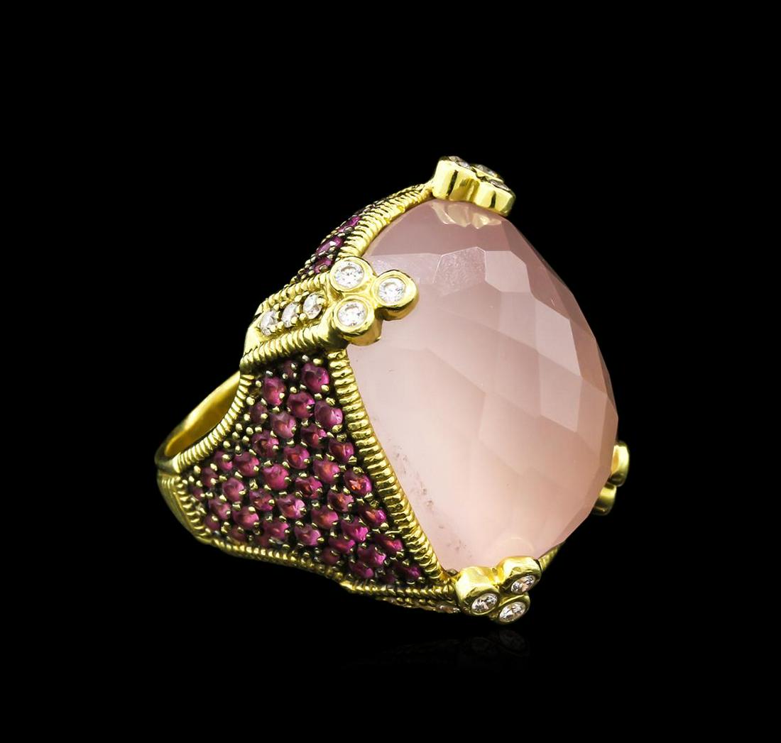30.62 ctw Rose Quartz, Pink Sapphire and Diamond Ring -: One electronically tested 18KT yellow gold ladies cast multi gemstone and diamond ring. Condition is good. The ring is from Judith Ripka's Monaco Collection. The ring features a rose quartz set within