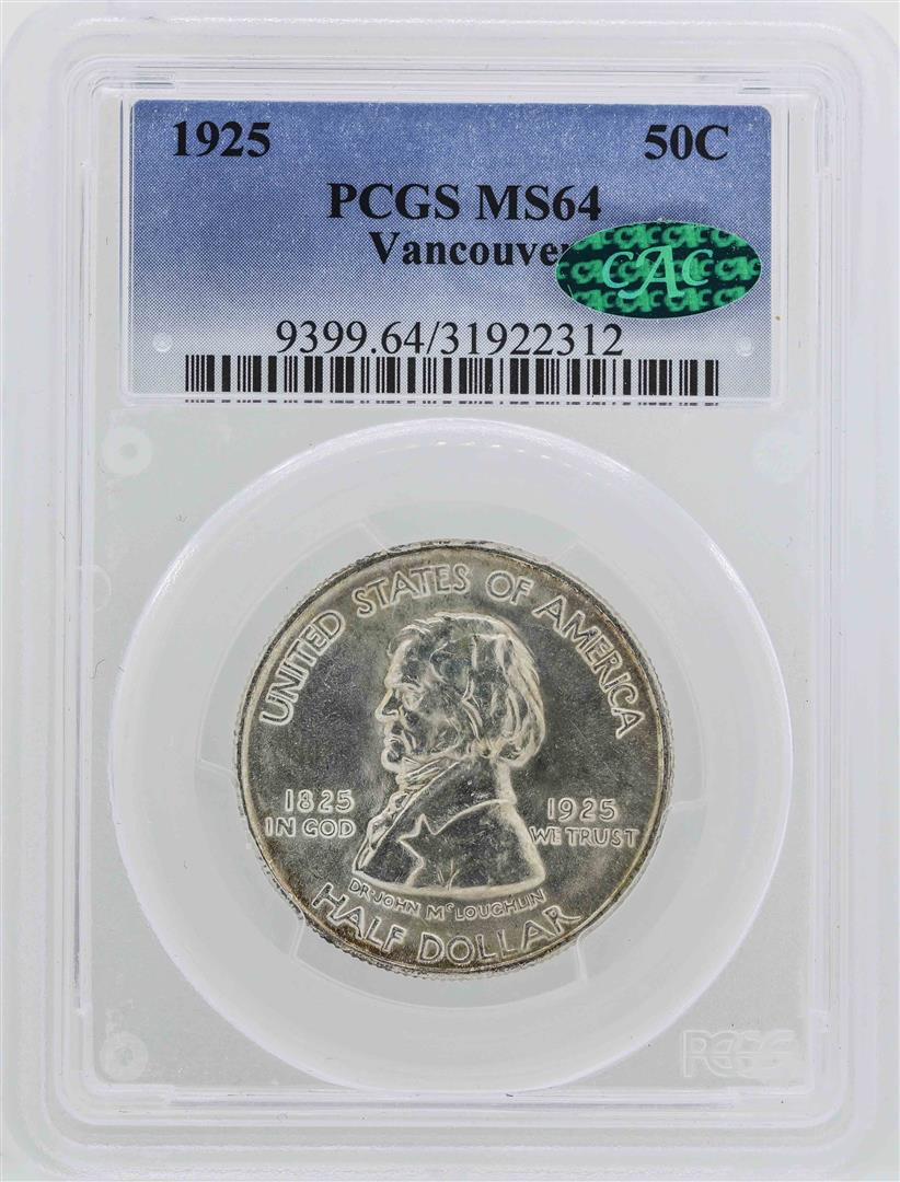1925 Fort Vancouver Centennial Half Dollar PCGS Graded: One 1925 Fort Vancouver Centennial Half Dollar PCGS Graded MS64 CAC. PCGS Certified.